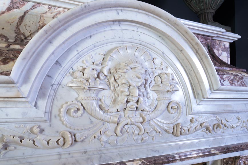 Important Neo-Renaissance fireplace of Carrara, Fleur de Pêcher and Red Griotte marble-2