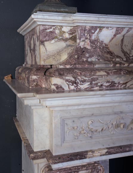 Important Neo-Renaissance fireplace of Carrara, Fleur de Pêcher and Red Griotte marble-6