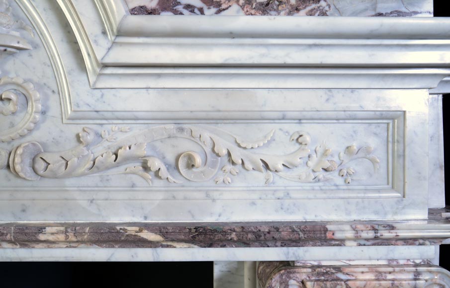 Important Neo-Renaissance fireplace of Carrara, Fleur de Pêcher and Red Griotte marble-11