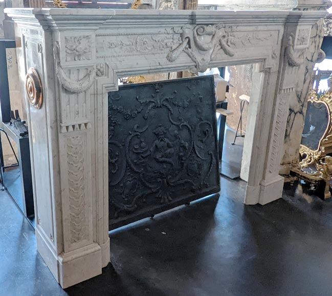 Napoleon III style mantel with a rich sculpted decor in Carrara marble-3