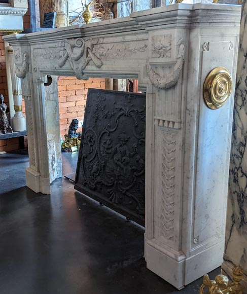 Napoleon III style mantel with a rich sculpted decor in Carrara marble-7