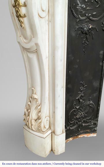 Surperb Louis XV style fireplace with a rich sculpted decoration risen by gold painting in half statuary marble-5