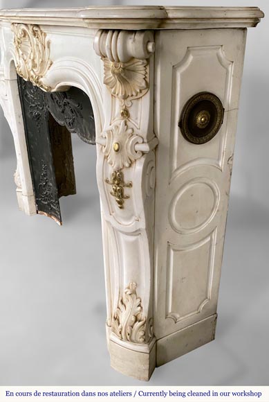 Surperb Louis XV style fireplace with a rich sculpted decoration risen by gold painting in half statuary marble-6