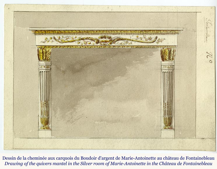 Splendid Louis XVI style mantel in statuary marble with quivers inspired by the model in the Fontainebleau castel drawn by Pierre-Marie Rousseau-1