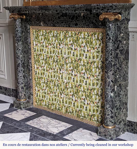 Directoire style mantel with columns in wood painted as a trompe l'oeil  of Antique Green marble-6