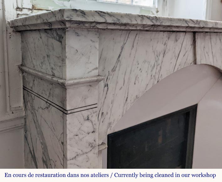 Small and original mantel with a rounded entablature in Arabescato marble-3