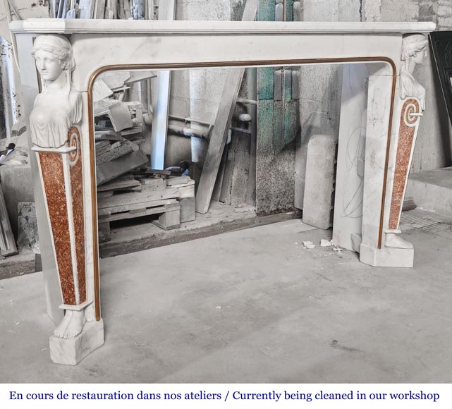 Statuary marble fireplace with caryatids and Brocatelle marble veneer-2