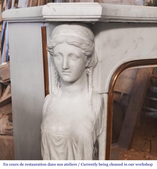 Statuary marble fireplace with caryatids and Brocatelle marble veneer-3