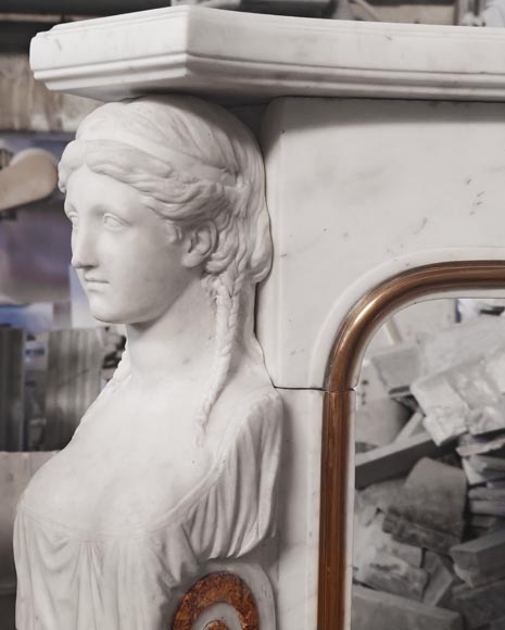 Statuary marble fireplace with caryatids and Brocatelle marble veneer-4