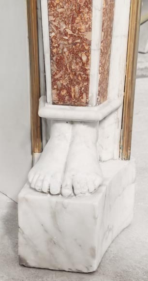Statuary marble fireplace with caryatids and Brocatelle marble veneer-5