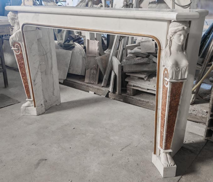 Statuary marble fireplace with caryatids and Brocatelle marble veneer-6