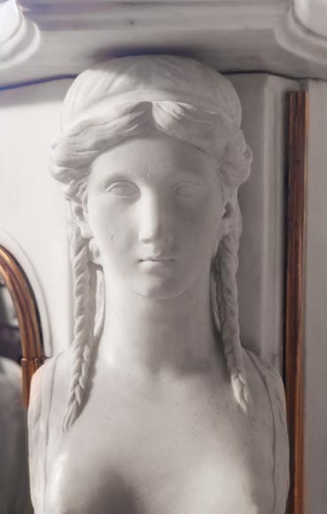 Statuary marble fireplace with caryatids and Brocatelle marble veneer-9