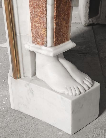 Statuary marble fireplace with caryatids and Brocatelle marble veneer-10