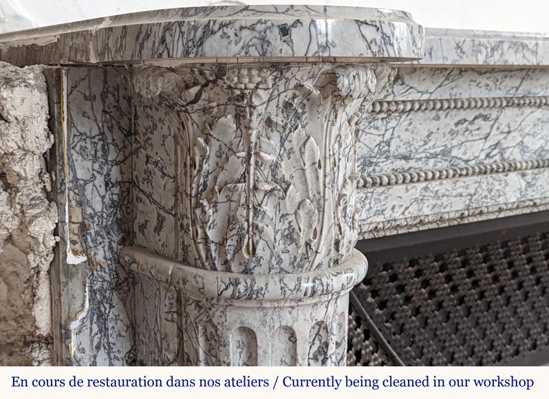 Beautiful Louis XVI style mantel with half columns in Bleu Fleuri marble-3