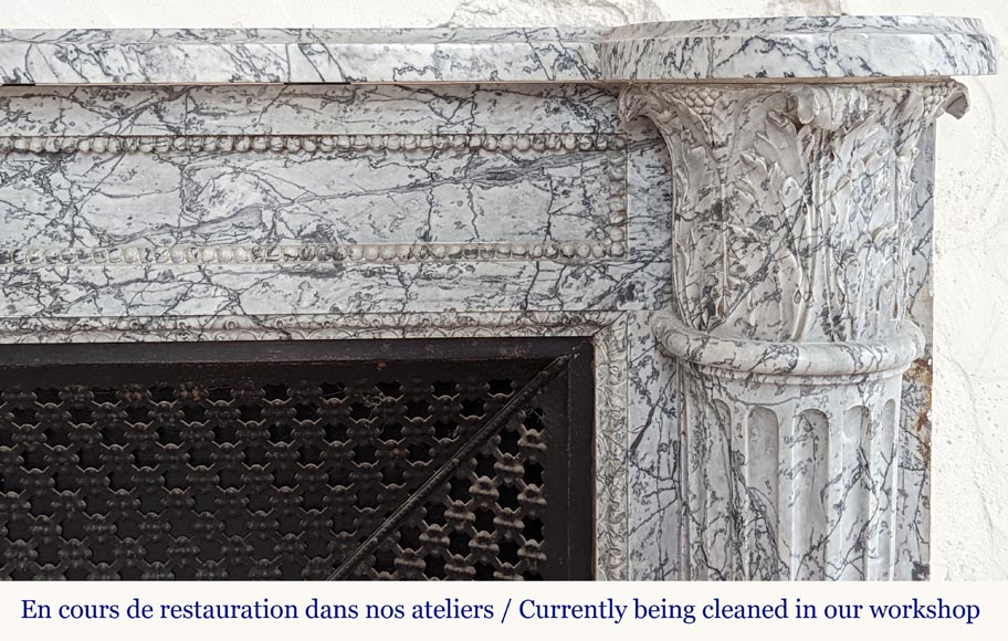 Beautiful Louis XVI style mantel with half columns in Bleu Fleuri marble-7