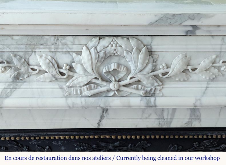 Beautiful curved Louis XVI style mantel in Arabescato marble with a laurel leaves crown-1