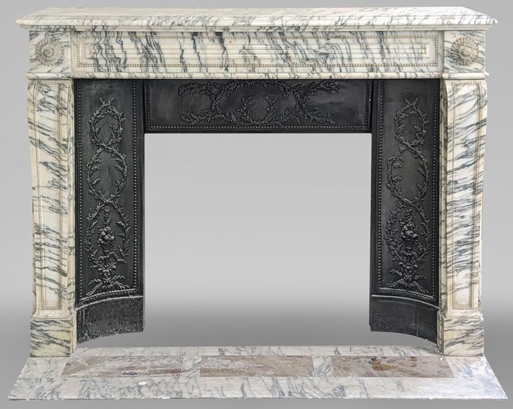 Louis XVI style fireplace with peals edges in veined Carrara marble-0
