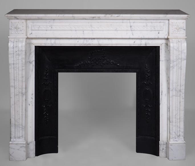 Louis XVI style mantel with pearls and ribbons carved in veined Carrara marble-0