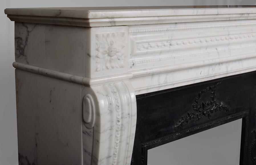 Louis XVI style mantel with pearls and ribbons carved in veined Carrara marble-3