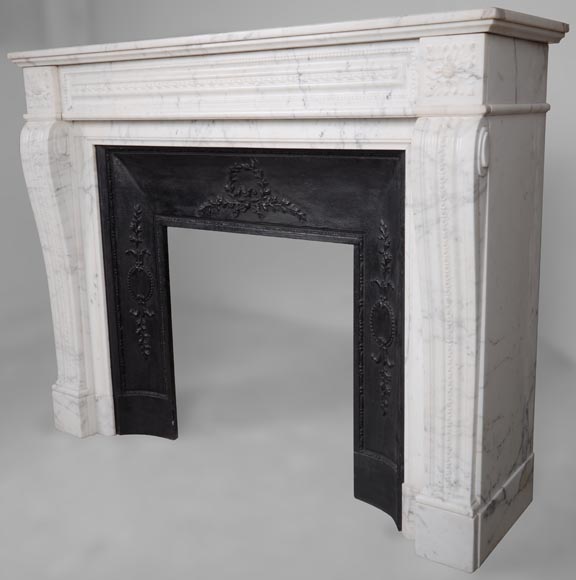 Louis XVI style mantel with pearls and ribbons carved in veined Carrara marble-5