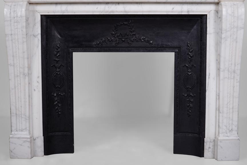 Louis XVI style mantel with pearls and ribbons carved in veined Carrara marble-8