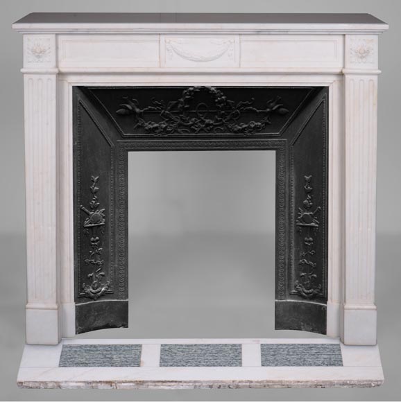 Louis XVI style fireplace in veined white marble decorated with a garland-0