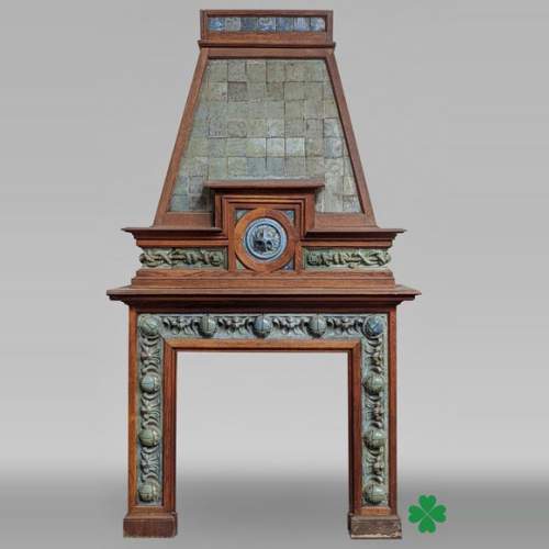 GENTIL & BOURDET – Oak and Blue Stoneware Fireplace with Egyptian Revival Motifs, circa 1904