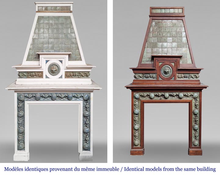 GENTIL & BOURDET – Oak and Blue Stoneware Fireplace with Egyptian Revival Motifs, circa 1904-1