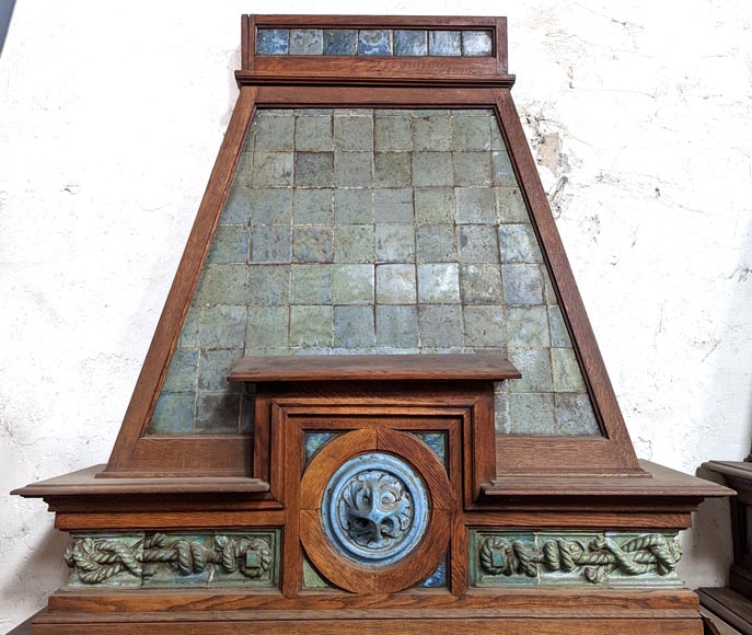 GENTIL & BOURDET – Oak and Blue Stoneware Fireplace with Egyptian Revival Motifs, circa 1904-3