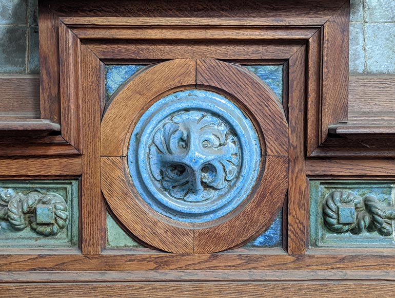 GENTIL & BOURDET – Oak and Blue Stoneware Fireplace with Egyptian Revival Motifs, circa 1904-4