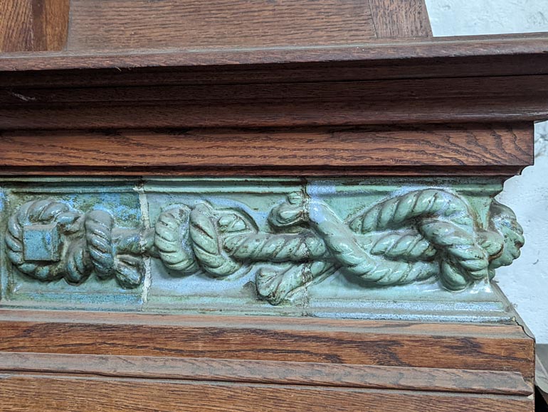 GENTIL & BOURDET – Oak and Blue Stoneware Fireplace with Egyptian Revival Motifs, circa 1904-5