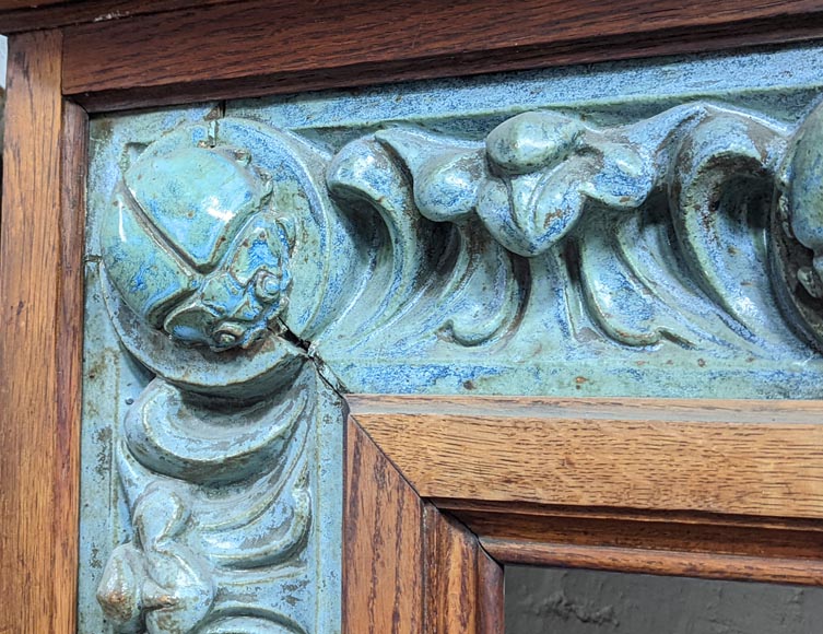 GENTIL & BOURDET – Oak and Blue Stoneware Fireplace with Egyptian Revival Motifs, circa 1904-7