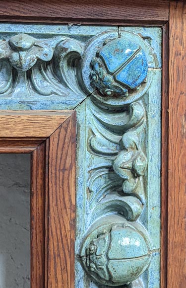 GENTIL & BOURDET – Oak and Blue Stoneware Fireplace with Egyptian Revival Motifs, circa 1904-8
