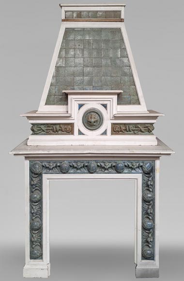 Fireplace by Gentil and Bourdet in Blue Stoneware and white painted wood-0