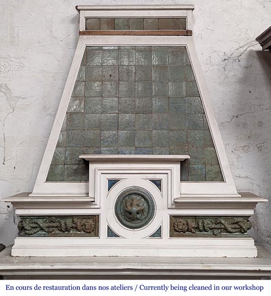 Fireplace by Gentil and Bourdet in Blue Stoneware and white painted wood-3