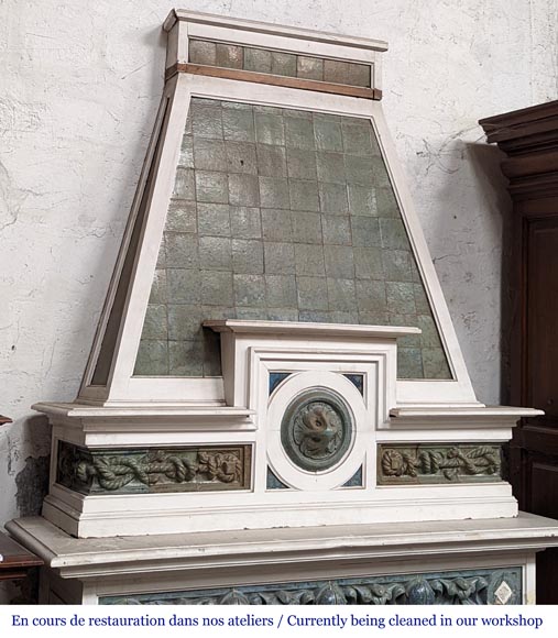 Fireplace by Gentil and Bourdet in Blue Stoneware and white painted wood-4