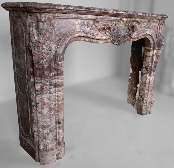 Important Louis XV style fireplace decorated with a leaf, made of Fleur de Pêcher marble-6