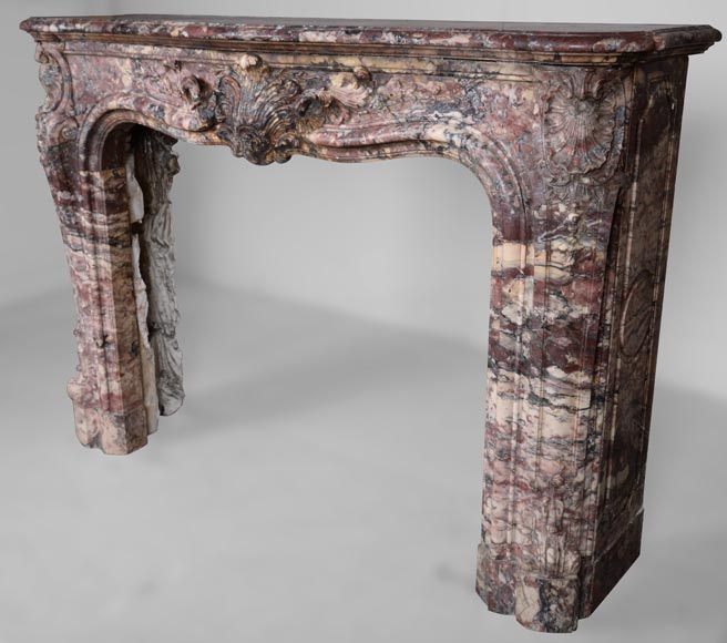 Important Louis XV style fireplace decorated with a leaf, made of Fleur de Pêcher marble-10