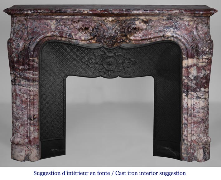 Important Louis XV style fireplace decorated with a leaf, made of Fleur de Pêcher marble-15