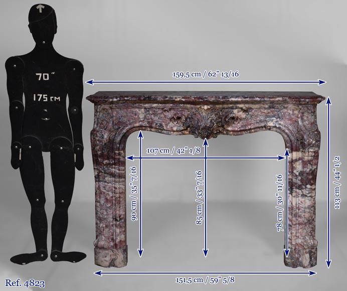 Important Louis XV style fireplace decorated with a leaf, made of Fleur de Pêcher marble-16
