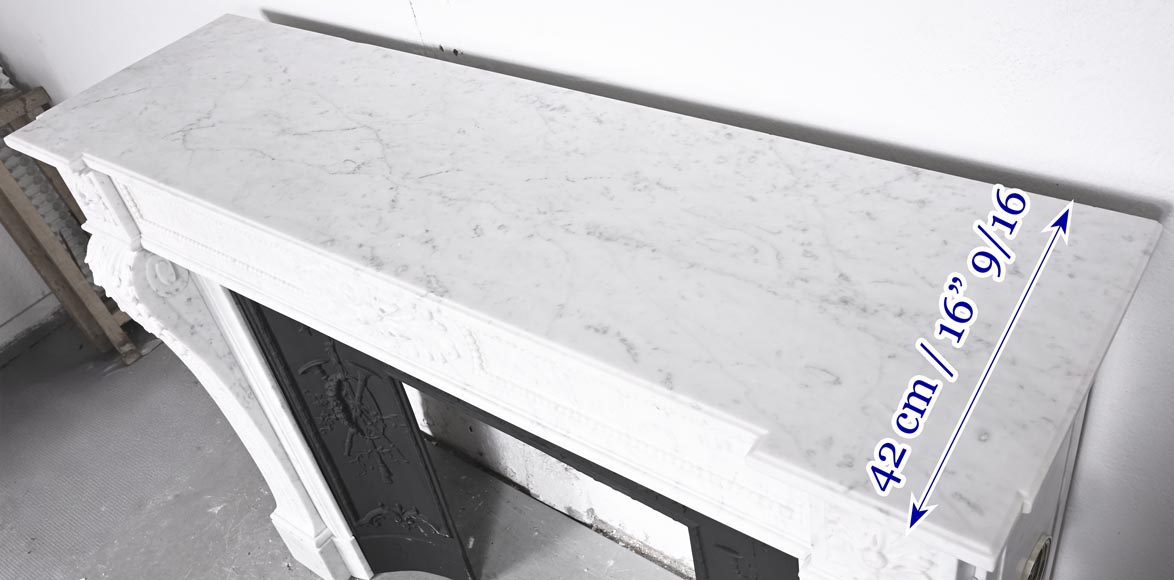 Louis XVI style fireplace with acanthus leaves and beading, in Carrara marble-10