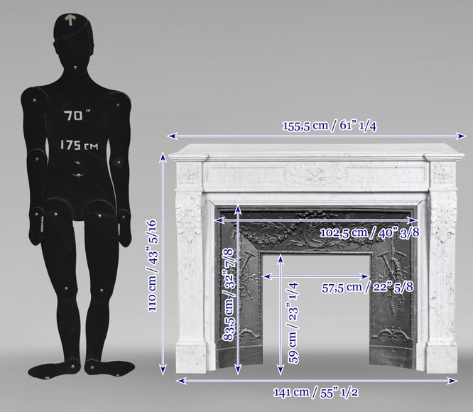 Louis XVI style fireplace with acanthus leaves and beading, in Carrara marble-11