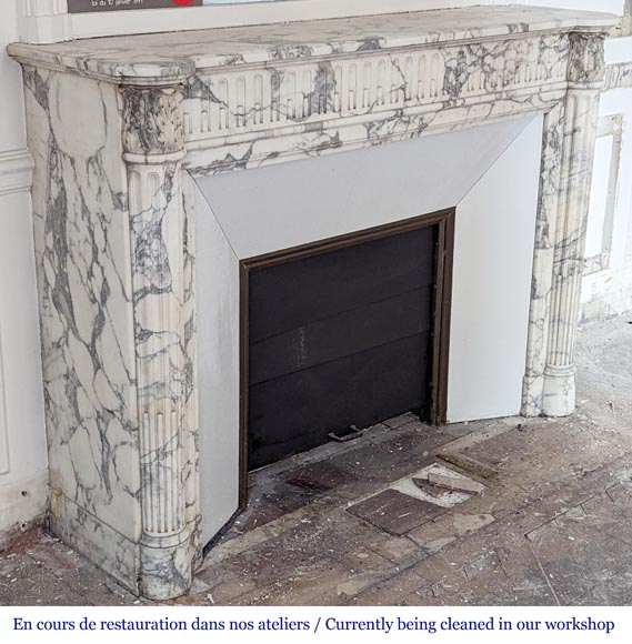 Louis XVI style fireplace with half-columns and rudenture in Arabescato marble-2