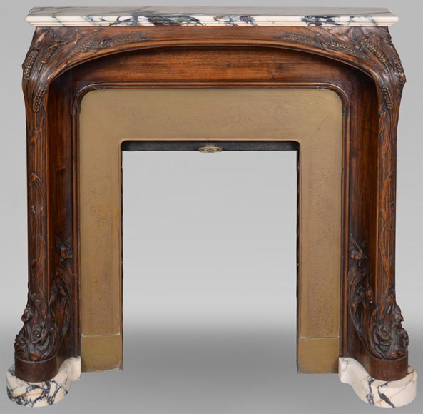 Art Nouveau style fireplace in walnut wood and Panazeau marble-0