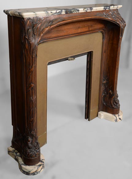 Art Nouveau style fireplace in walnut wood and Panazeau marble-2