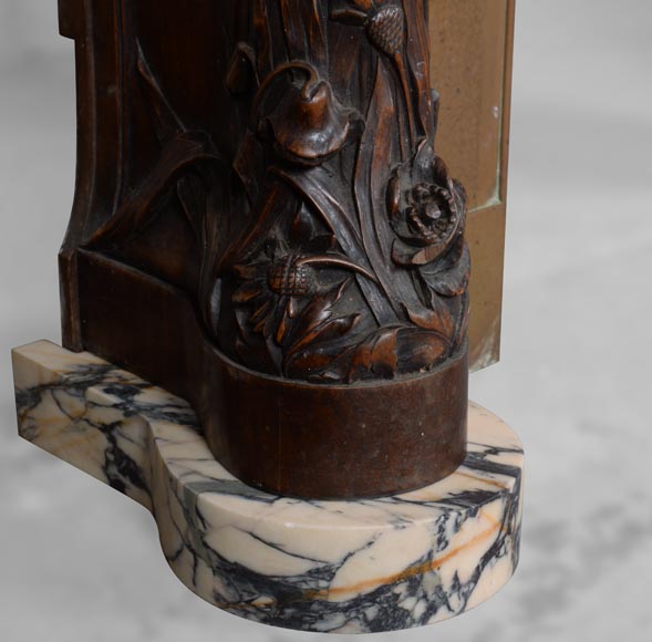 Art Nouveau style fireplace in walnut wood and Panazeau marble-6