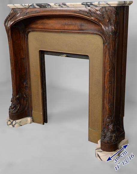 Art Nouveau style fireplace in walnut wood and Panazeau marble-7