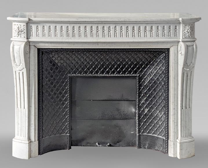 Louis XVI style curved Carrara marble mantel with floral rudenture-0