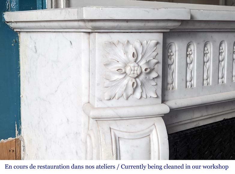 Louis XVI style curved Carrara marble mantel with floral rudenture-4