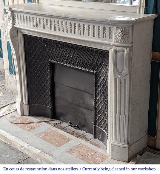 Louis XVI style curved Carrara marble mantel with floral rudenture-6